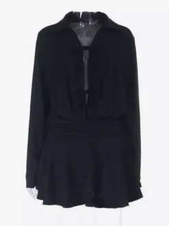 Robe-chemise à découpe et n艙ud sur le devant pour femme - Mini-robe noire à manches longues et ourlet à volants - Collection streetwear printemps 2026