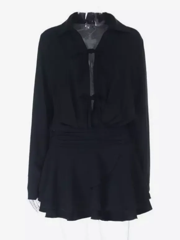 Robe-chemise à découpe et n艙ud sur le devant pour femme - Mini-robe noire à manches longues et ourlet à volants - Collection streetwear printemps 2026