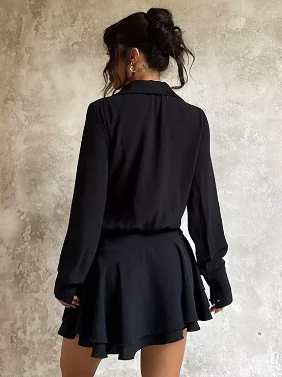 Robe-chemise à découpe et n艙ud sur le devant pour femme - Mini-robe noire à manches longues et ourlet à volants - Collection streetwear printemps 2026