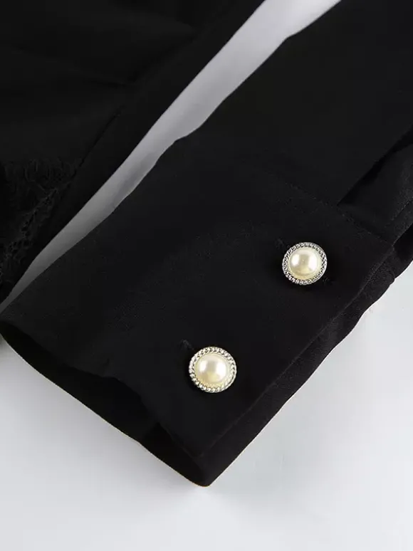 Robe-chemise froncée pour femme mini-robe chic - Ourlet en dentelle noire manches longues coupe moulante - Idéale pour le printemps du bureau au dîner (2026)