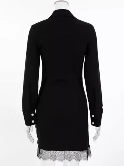 Robe-chemise froncée pour femme mini-robe chic - Ourlet en dentelle noire manches longues coupe moulante - Idéale pour le printemps du bureau au dîner (2026)
