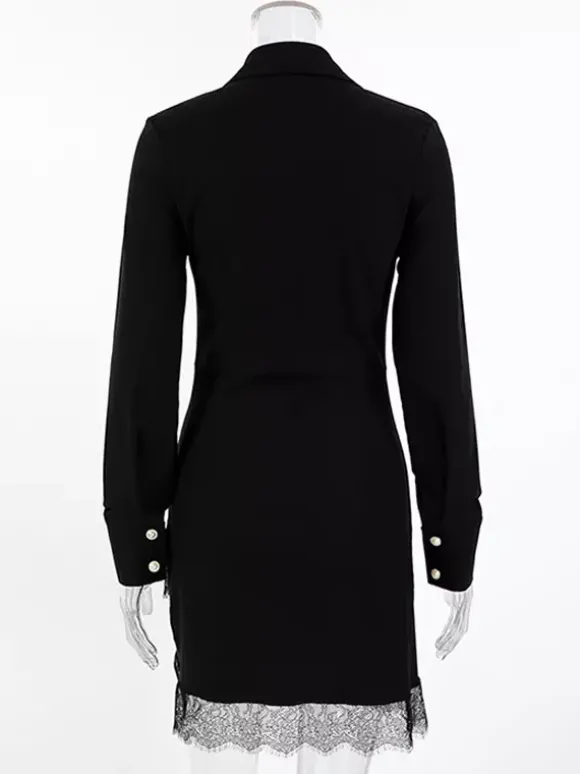 Robe-chemise froncée pour femme mini-robe chic - Ourlet en dentelle noire manches longues coupe moulante - Idéale pour le printemps du bureau au dîner (2026)