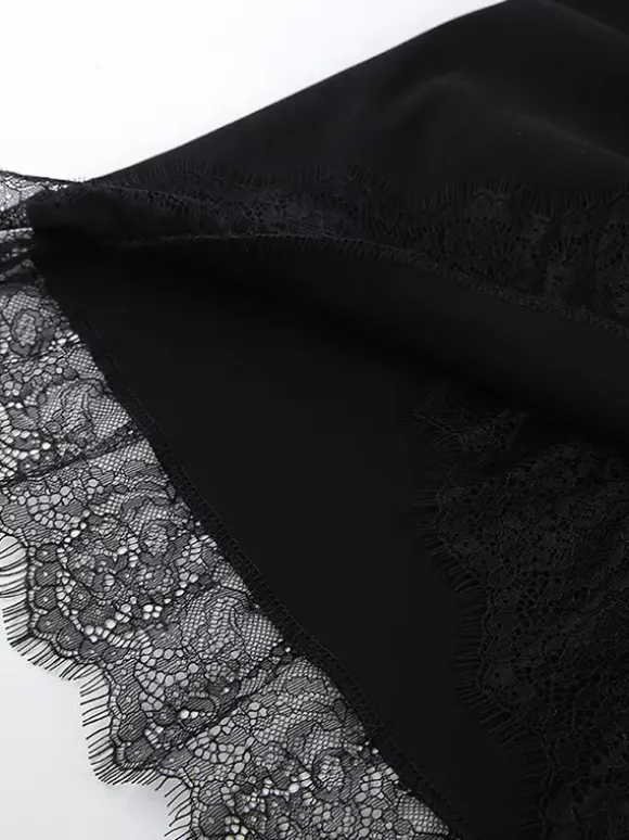 Robe-chemise froncée pour femme mini-robe chic - Ourlet en dentelle noire manches longues coupe moulante - Idéale pour le printemps du bureau au dîner (2026)