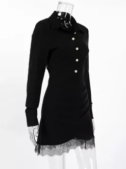 Robe-chemise froncée pour femme mini-robe chic - Ourlet en dentelle noire manches longues coupe moulante - Idéale pour le printemps du bureau au dîner (2026)
