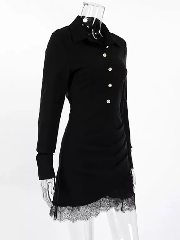 Robe-chemise froncée pour femme mini-robe chic - Ourlet en dentelle noire manches longues coupe moulante - Idéale pour le printemps du bureau au dîner (2026)