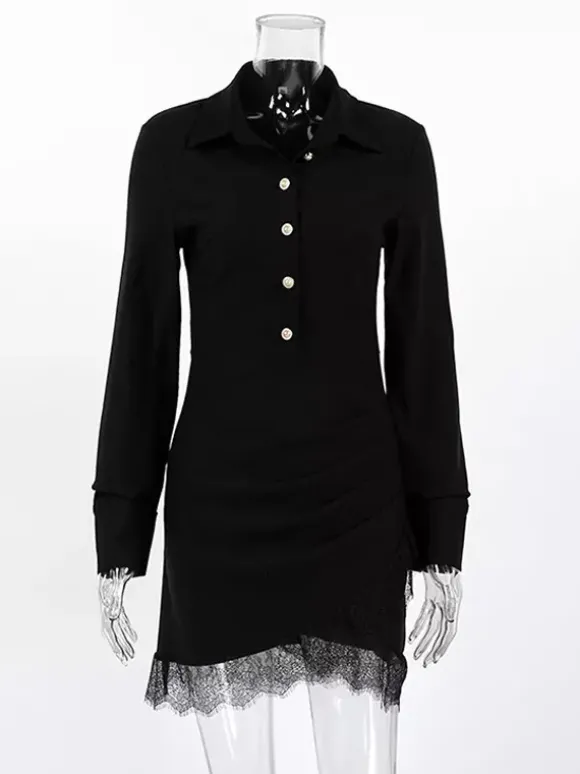 Robe-chemise froncée pour femme mini-robe chic - Ourlet en dentelle noire manches longues coupe moulante - Idéale pour le printemps du bureau au dîner (2026)
