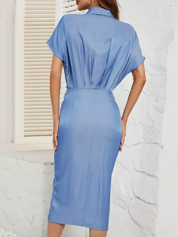 Robe chemise mi-longue bleue avec ceinture et manches chauve-souris 2026