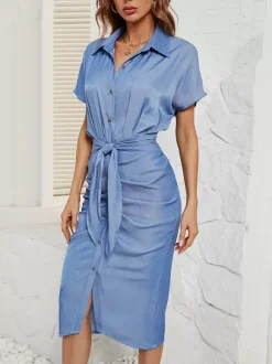 Robe chemise mi-longue bleue avec ceinture et manches chauve-souris 2026