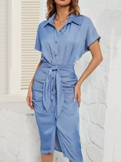 Robe chemise mi-longue bleue avec ceinture et manches chauve-souris 2026