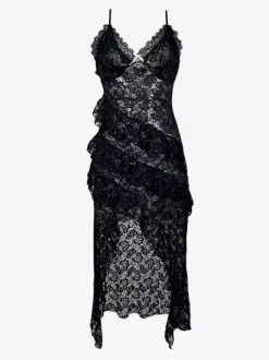 Robe chemise noire en polyester pour femme dos nu n艙uds jupe irrégulière à volants multicouches lingerie vêtements de nuit pyjama
