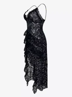 Robe chemise noire en polyester pour femme dos nu n艙uds jupe irrégulière à volants multicouches lingerie vêtements de nuit pyjama