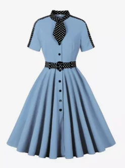 Robe chemise rétro à pois avec cravate et ceinture robe mi-longue d'inspiration vintage pour femme 2026