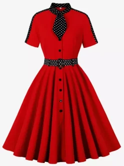 Robe chemise rétro à pois avec cravate et ceinture robe mi-longue d'inspiration vintage pour femme 2026