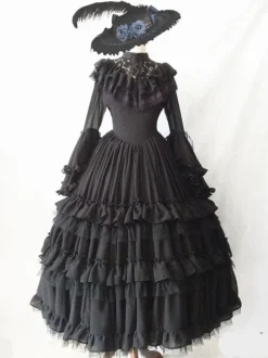 Robe classique Lolita OP Ensemble de 4 pièces à volants blancs à manches longues Sweet Lolita Robes une pièce
