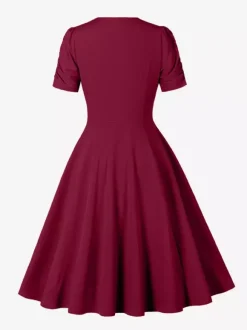 Robe cocktail trapèze à manches courtes et col en V froncé pour femme 2026