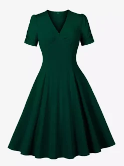 Robe cocktail trapèze à manches courtes et col en V froncé pour femme 2026