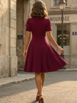 Robe cocktail trapèze à manches courtes et col en V froncé pour femme 2026