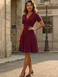 Robe cocktail trapèze à manches courtes et col en V froncé pour femme 2026