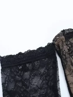 Robe corset en dentelle pour femme - Robe moulante mini noire à épaules dénudées et manches longues - Tenue de soirée printanière 2026