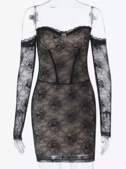 Robe corset en dentelle pour femme - Robe moulante mini noire à épaules dénudées et manches longues - Tenue de soirée printanière 2026