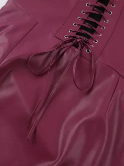 Robe corset en similicuir pour femme - Robe longue bordeaux gothique à lacets et fronces au dos - Tenues de soirée estivales 2026