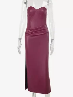Robe corset en similicuir pour femme - Robe longue bordeaux gothique à lacets et fronces au dos - Tenues de soirée estivales 2026