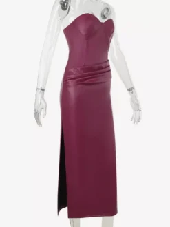 Robe corset en similicuir pour femme - Robe longue bordeaux gothique à lacets et fronces au dos - Tenues de soirée estivales 2026