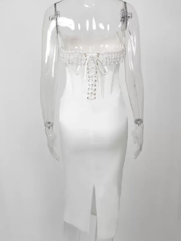 Robe Corset Frange Plissée À Lacets Dos Bal Fête D'anniversaire Robes Midi