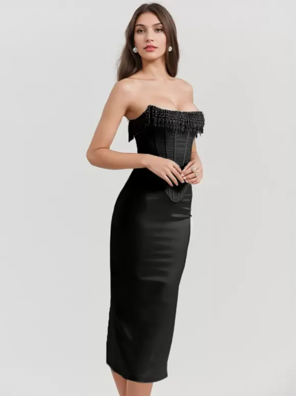 Robe Corset Frange Plissée À Lacets Dos Bal Fête D'anniversaire Robes Midi