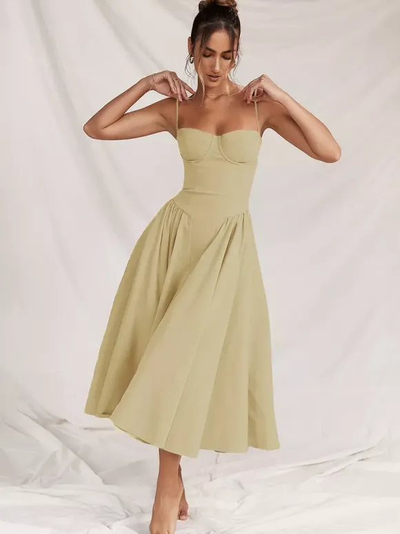 Robe corset rose pâle à bretelles spaghetti dos nu plissée mi-longue style cottagecore 2026