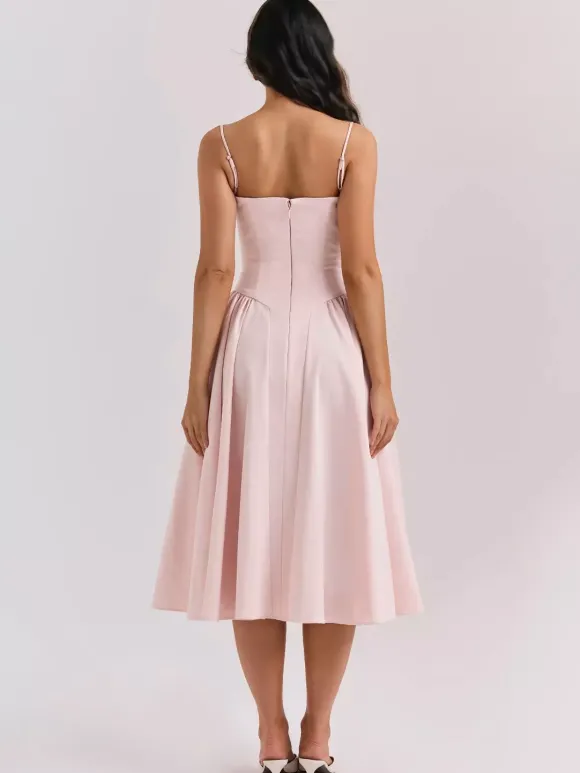 Robe corset rose pâle à bretelles spaghetti dos nu plissée mi-longue style cottagecore 2026