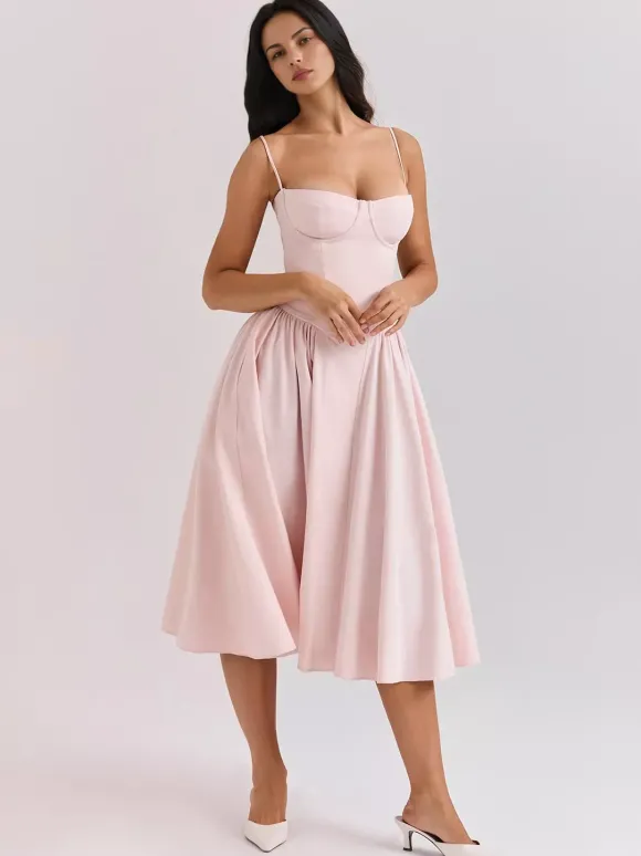 Robe corset rose pâle à bretelles spaghetti dos nu plissée mi-longue style cottagecore 2026