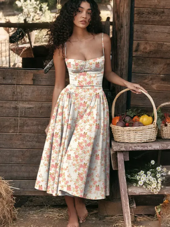 Robe corset rose pâle à bretelles spaghetti dos nu plissée mi-longue style cottagecore 2026