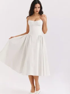 Robe corset rose pâle à bretelles spaghetti dos nu plissée mi-longue style cottagecore 2026