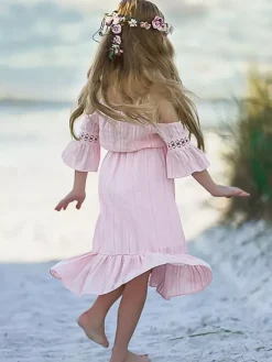 Robe cortège enfant boho robe cérémonie enfant Polyester Découpe Décolleté conçu Manches courtes Blanc