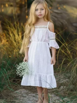 Robe cortège enfant boho robe cérémonie enfant Polyester Découpe Décolleté conçu Manches courtes Blanc
