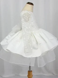 Robe cortège enfant princesse col rond dos en V manche longue à pailleté