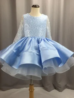 Robe cortège enfant princesse col rond dos en V manche longue à pailleté