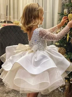 Robe cortège enfant princesse col rond dos en V manche longue à pailleté
