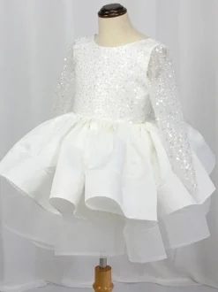 Robe cortège enfant princesse col rond dos en V manche longue à pailleté