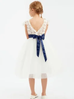 Robe cortège enfant Robe baptême fille col rond en dentelle n艙ud sur dos