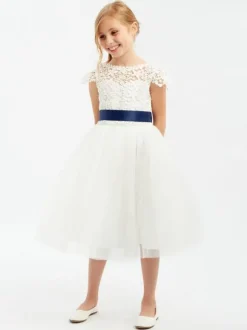 Robe cortège enfant Robe baptême fille col rond en dentelle n艙ud sur dos