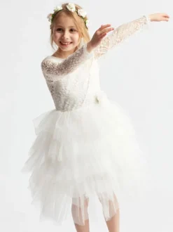 Robe cortège enfant Robe baptême fille col rond manche longue dos V
