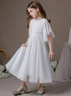 Robe cortège enfant robe cérémonie fille col rond manche courte zip sur dos