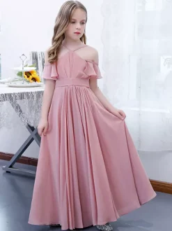 Robe cortège enfant robe cérémonie fille à bretelle zip sur dos jupe plissée