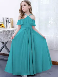 Robe cortège enfant robe cérémonie fille à bretelle zip sur dos jupe plissée