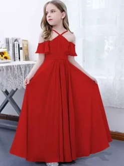 Robe cortège enfant robe cérémonie fille à bretelle zip sur dos jupe plissée