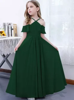 Robe cortège enfant robe cérémonie fille à bretelle zip sur dos jupe plissée