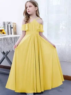Robe cortège enfant robe cérémonie fille à bretelle zip sur dos jupe plissée