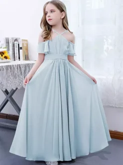 Robe cortège enfant robe cérémonie fille à bretelle zip sur dos jupe plissée